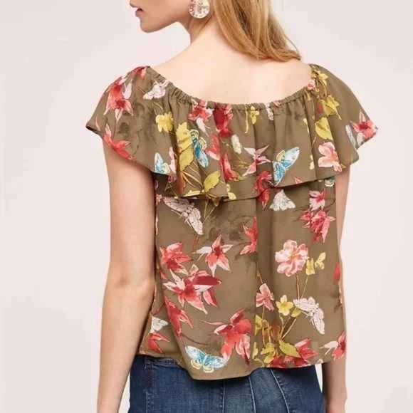 Maeve Off Shoulder Ruffle Tropical Flower Print Olive Green Small Blouse Top EUC - Picture 12 of 12